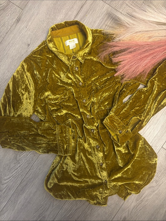 Anthropologie Jackets & Blazers - Mustard Anthropologie Maeve Crushed Velvet Button Down Shirt Fall Autumn Boho